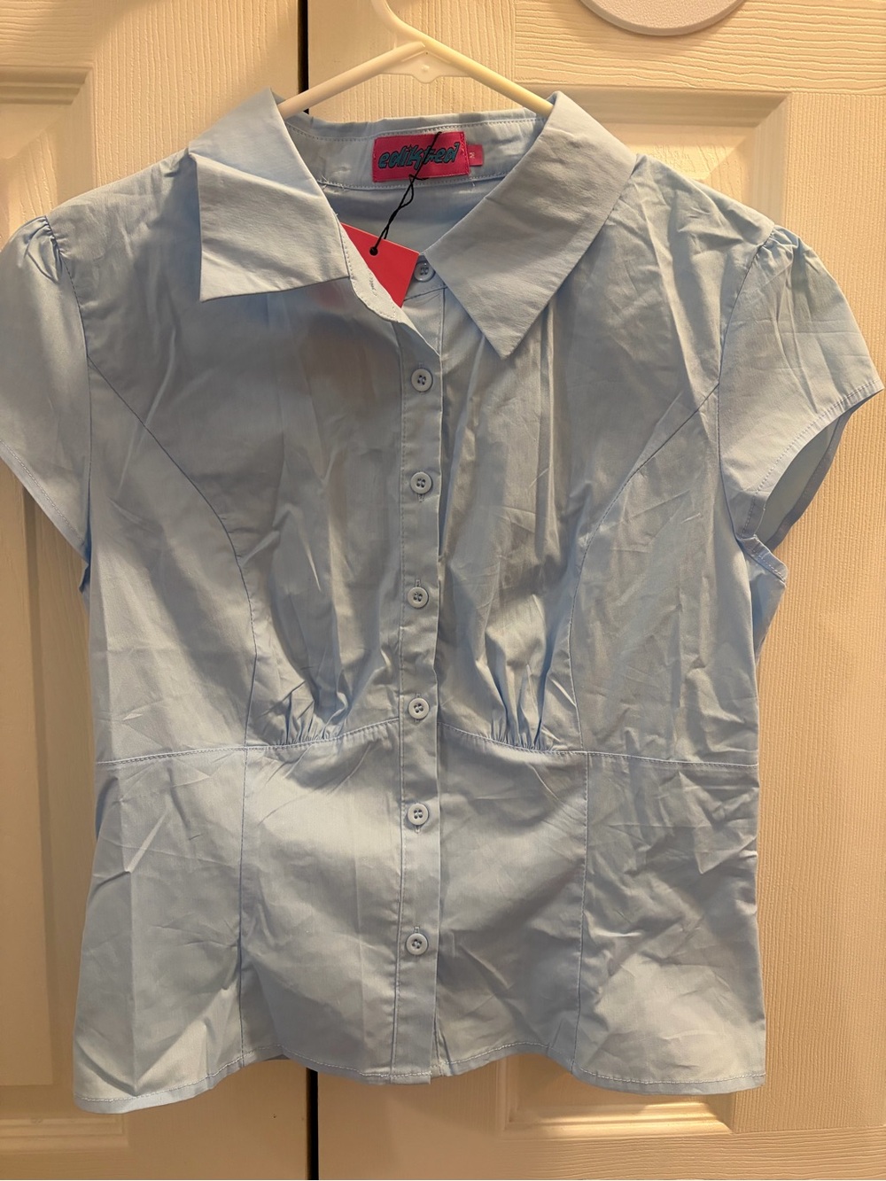 Edikted Light Blue Button-Front Cap Sleeve Blouse